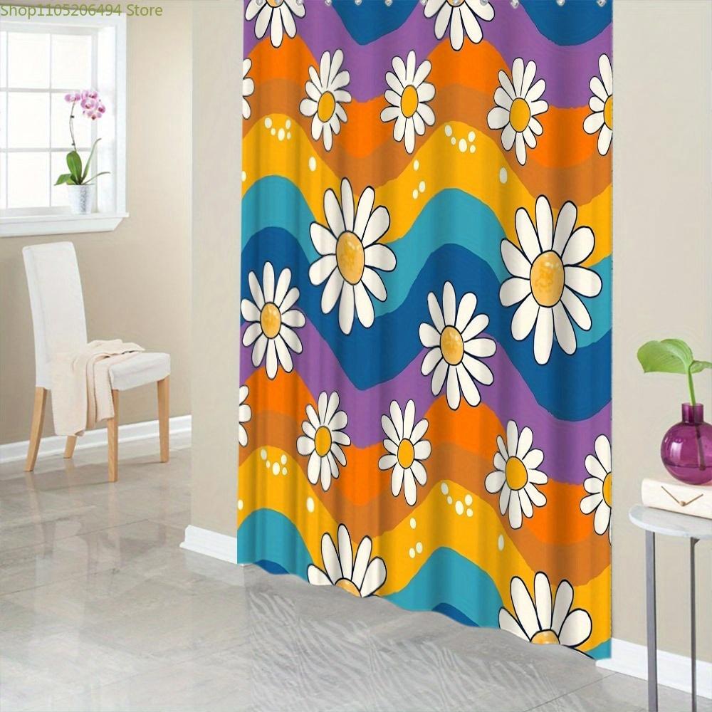 1pc Retro Daisy Shower Curtain with Colorful Wavy Stripes – 1960s Pop Art Style Bathroom Decor, Durable Polyester Fabric, 12 H