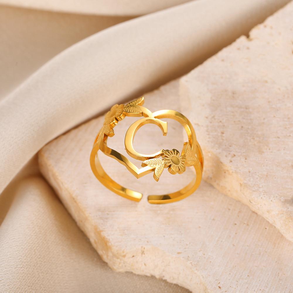 Stainless Steel Initials Flower Heart Rings Gold Color Adjustable Delicate Letter Leaf Rings For Women Girl Alphabet Jewelry KTJ