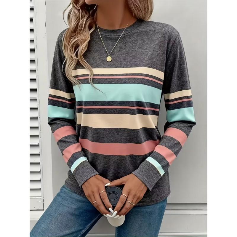 Color Block Striped Crew Neck Long Sleeve T-Shirt Slim Fit Casual Top Daily Wear