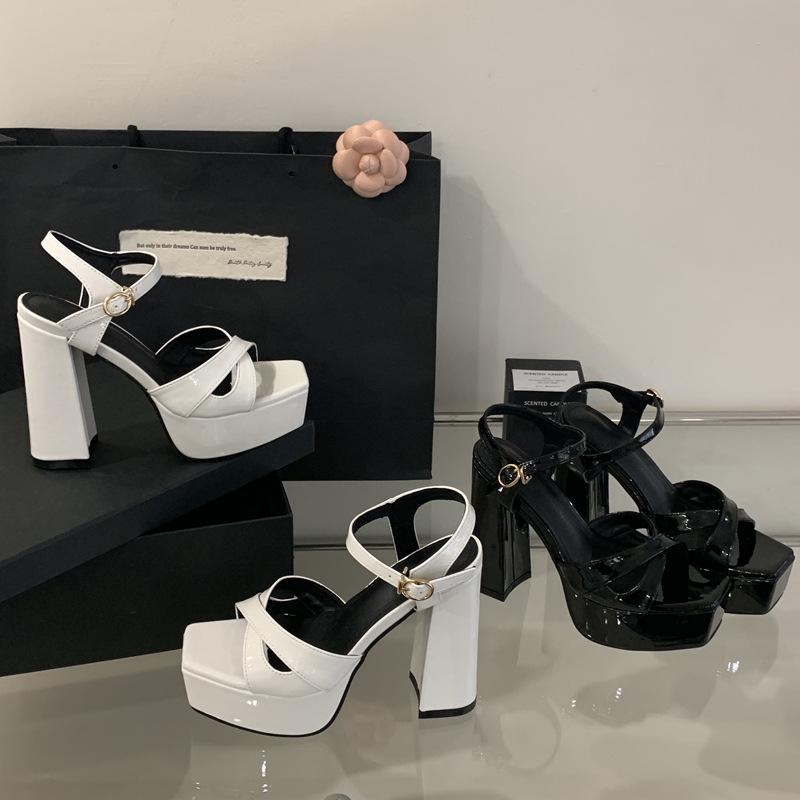 2025 summer new fashion high heels waterproof table square head open-toed sandals women's one-word buckle thick heel women's shoes
