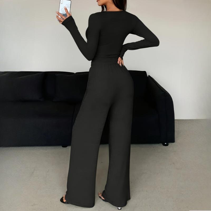 Spring and Autumn Suit Long-sleeved One-button Solid Color Tight-fitting Blouse and Long Pants Two-piece Women