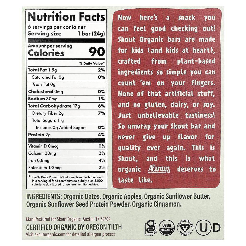 Skout Organic, Kids' Snack Bars, Apple Pie, 6 Bars, 24g (0.85oz) Each