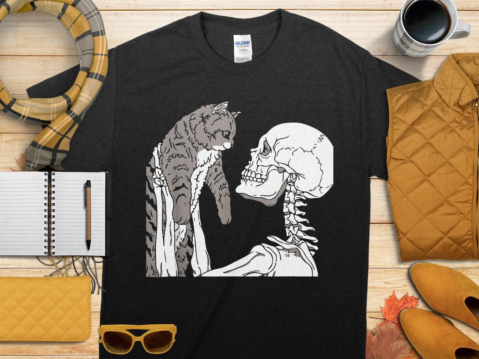 Skeleton Holding A CaT-Shirt Lazy Halloween Costume Skull T-Shirt, Cute Cat Tee, spooky shirt, halloween gift T-Shirt, cute horror shirt 3XL