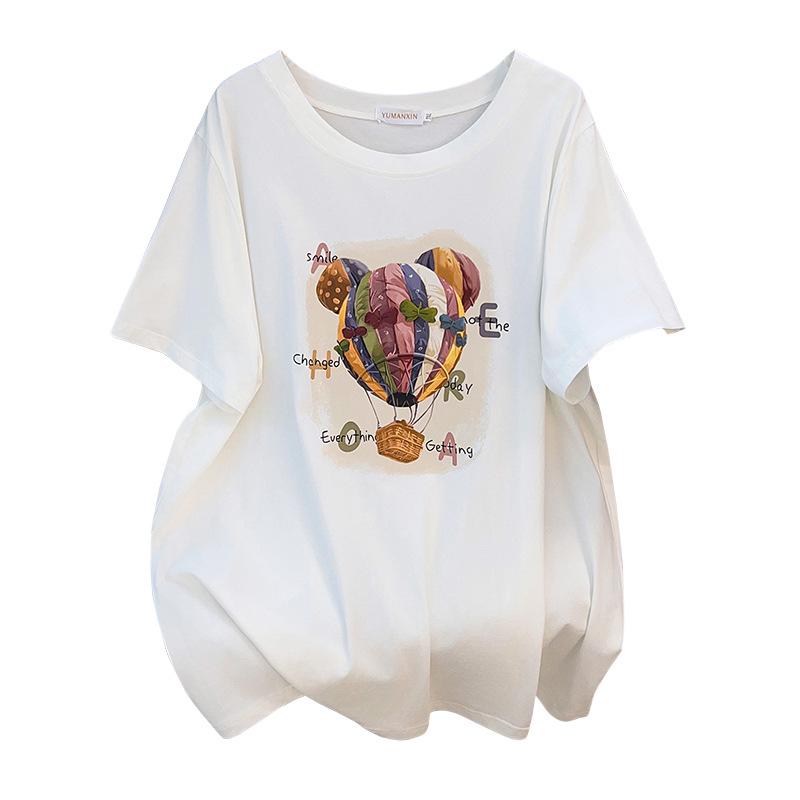 Women's Plus Size Loose Mid-Length Belly Covering Short-Sleeved Round Neck T-Shirt (Sizes 200/300/350 jin)