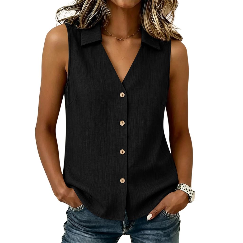 Women's Summer Sleeveless Button Front Shirt V Neck Collar Casual Loose Fit Lightweight Blouse for Everyday Wear