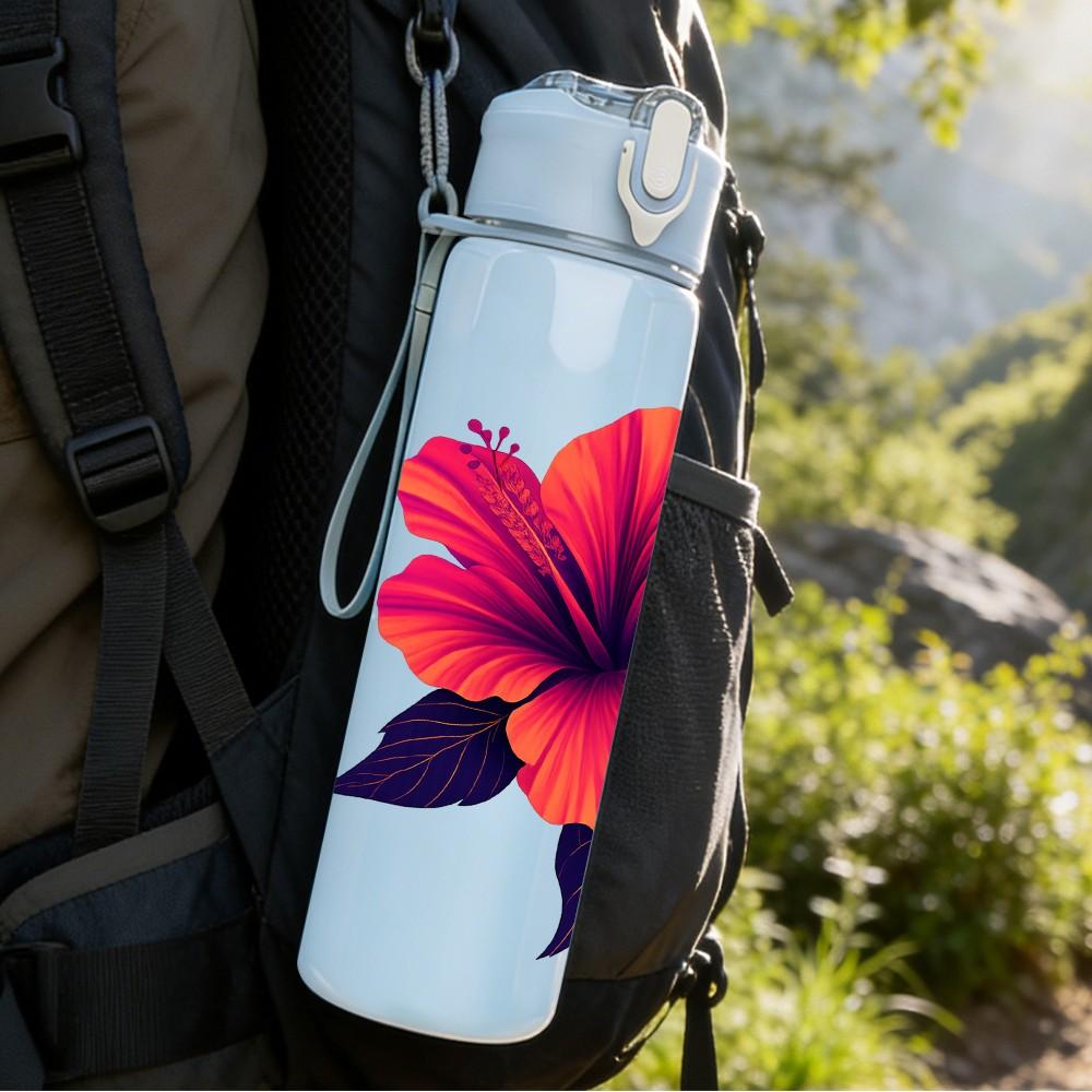 1PC Red Hibiscus Flower Illustration 750ml Color Plastic Sports Water Bottle Leakproof Flip Straw Lid Suitable for Sports Office Home Use