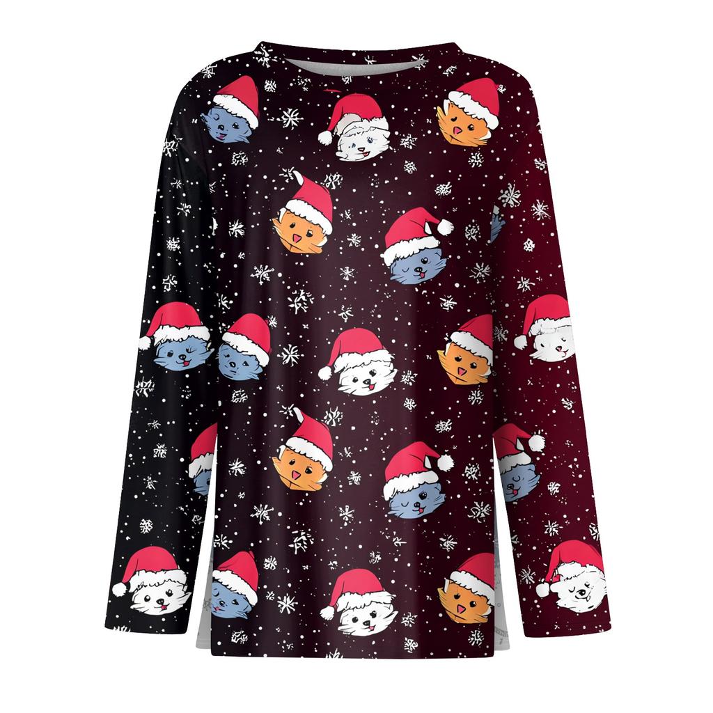 Women's Fashion Casual Slit Hem Round Neck Long Sleeve Loose Christmas Printed T-Shirt Ladies Top