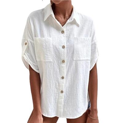 Sommer Halbarm Revers Button Up Einfarbig Blusen Frauen Plus Größe Lose Baumwolle Leinen Hemd Dame Tops
