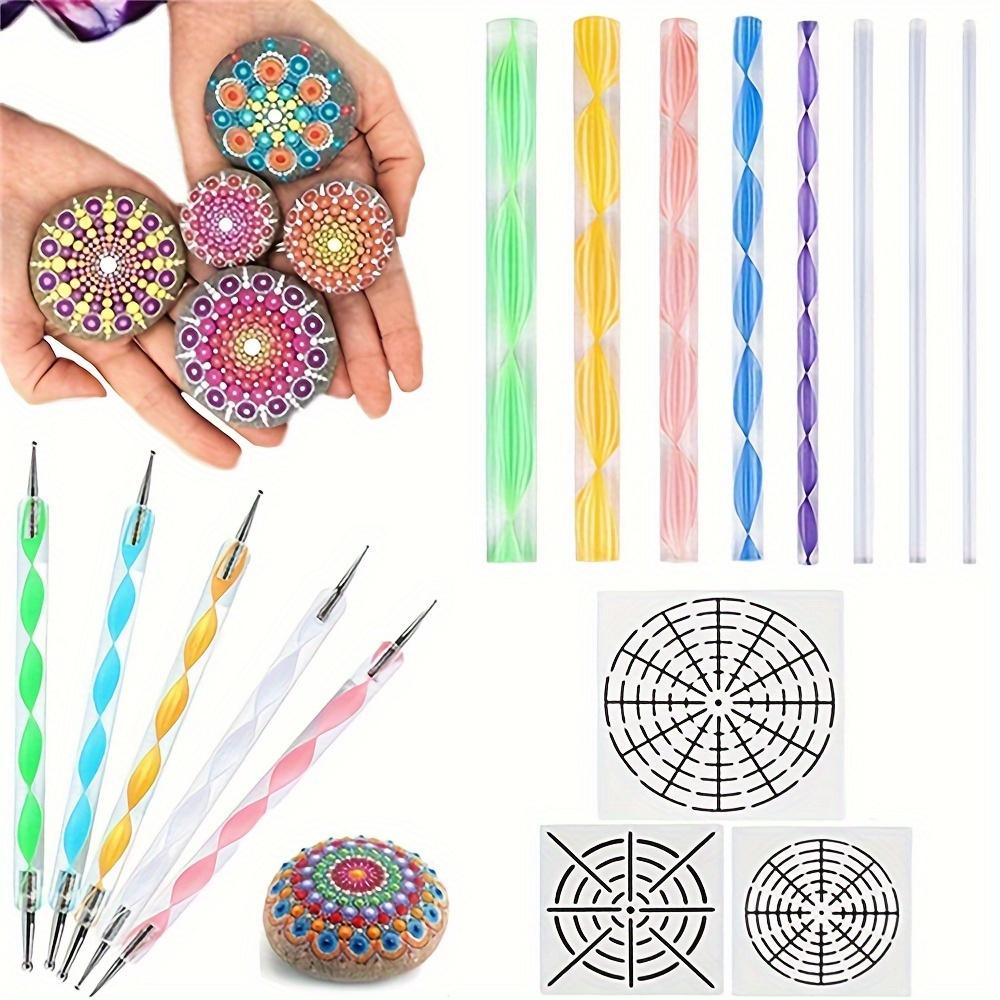Szwatch 16Pcs Mandala Dotting Tools Set, Plastic Craft Kit For Rock Painting, Ceramic Pottery, Art - Includes Acrylic Rods, Stencils & Paint Tray