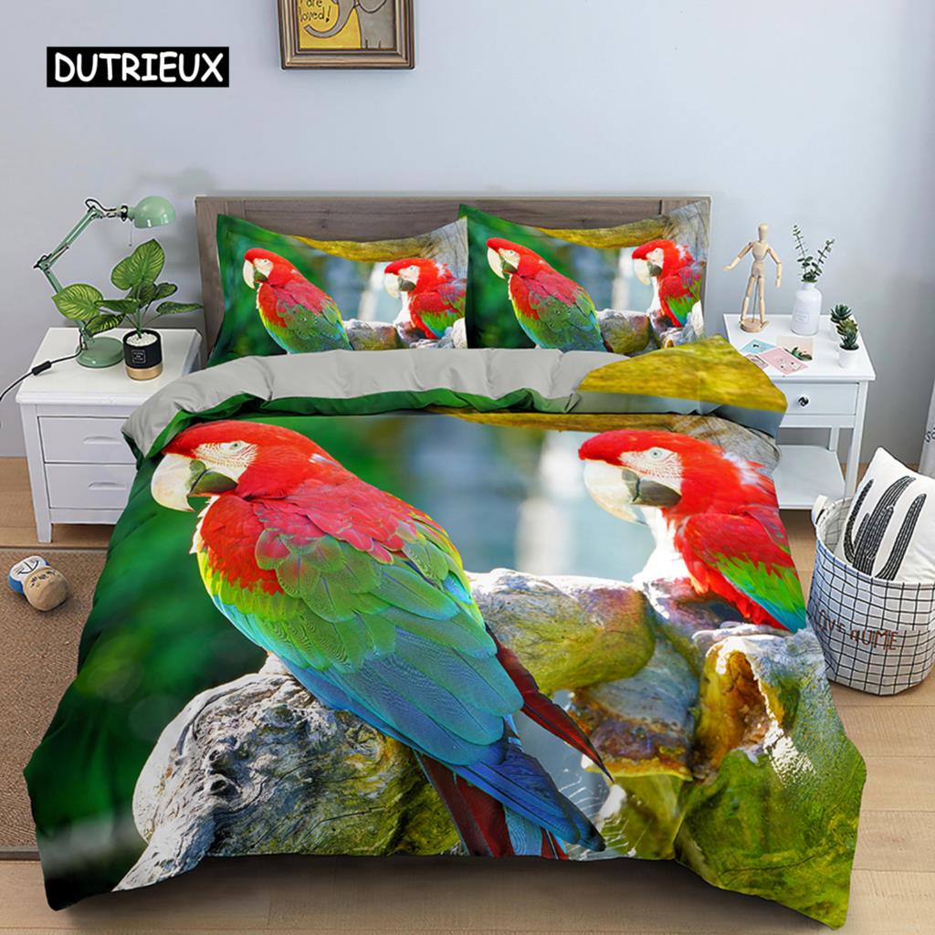 3D Parrot Duvet Cover Set Microfiber Bedding with Pillowcase King Queen Twin Luxury Animal Print Quilt Cover
