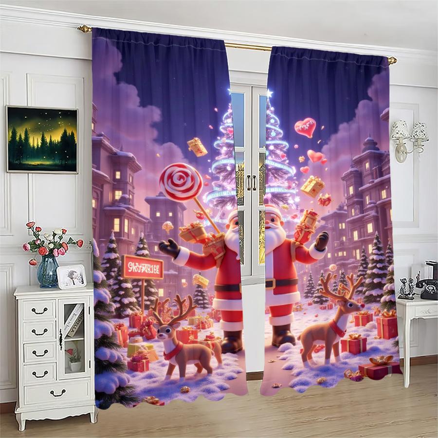 Christmas Santa Claus Tree Pattern Printed Curtains Decorations Home Room Set Of 2 Made Polyester Elegant