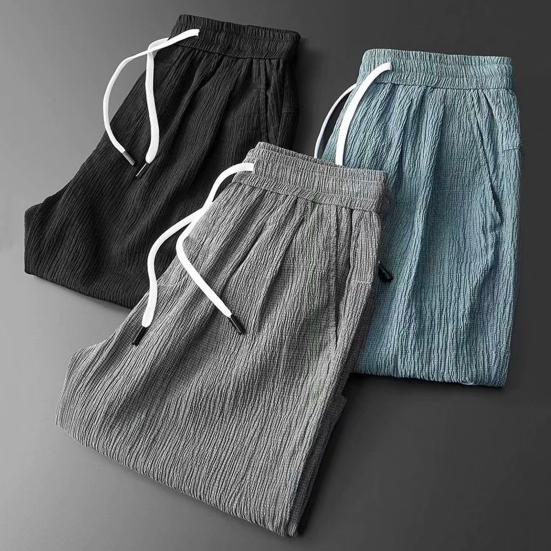 Men Summer Athletic Shorts Mid-rise Elastic Drawstring Waist Shorts Pockets Wide Leg Running Shorts Solid Color Thin Quick Drying Ice Silk Shorts