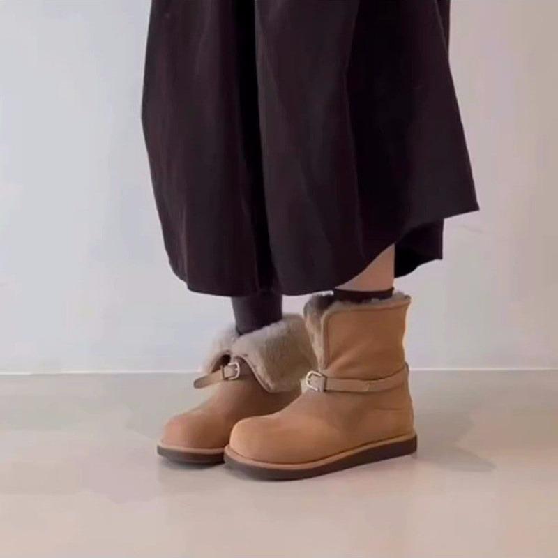 Retro Cuffed Snow Boots Women's New Winter Versatile Fleece Warm Belt Buckle Fluffy Cotton Shoes