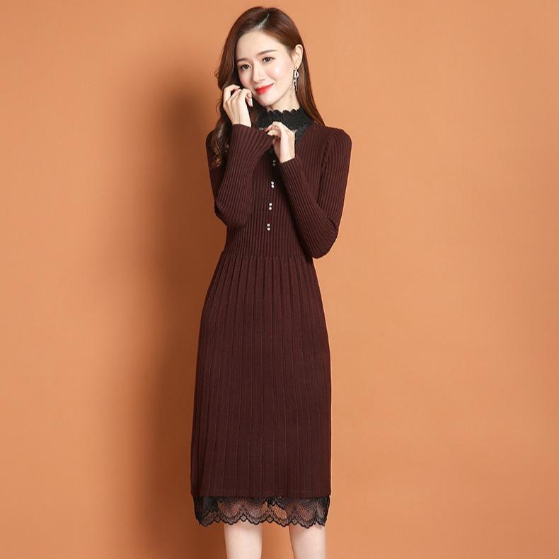 Lace Half Turtleneck Knitted Dress for Women Long-sleeved Solid-color Sweater Dress for Autumn and Winter Casual