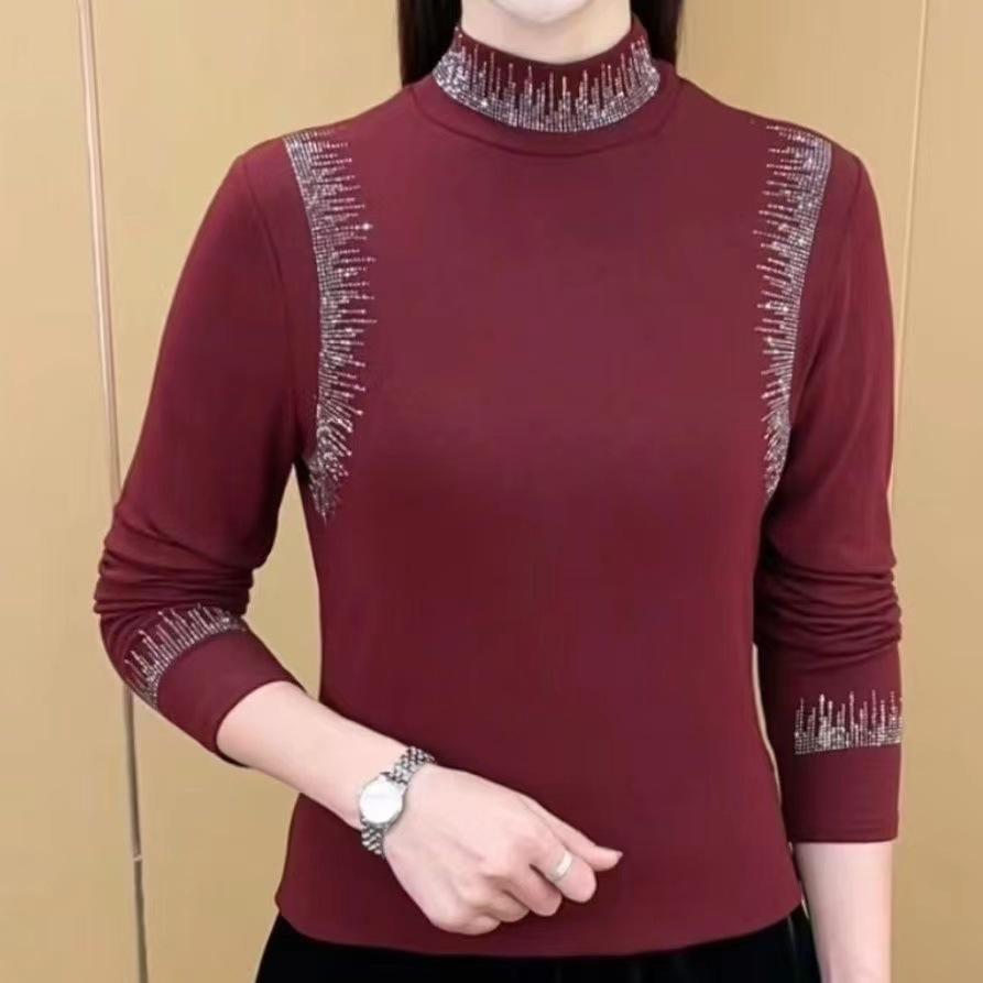 

Женская осенне-зимняя новая футболка с полувысоким воротником, темпераментная, с длинным рукавом, однотонная, универсального дизайна, модная женская базовая футболка M красный