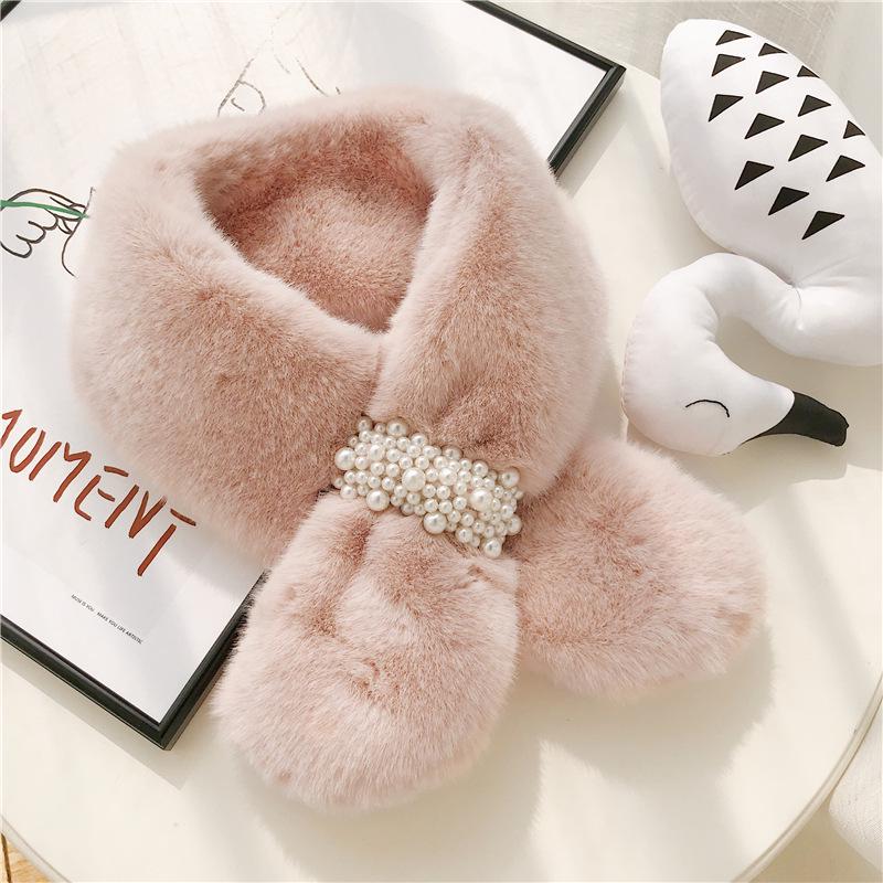 

Women s Fur Collar Polyester Fiber Pearl Buckle Cross Thickening Imitation Fur Rex All-match Scarf Pearl button top pink #1