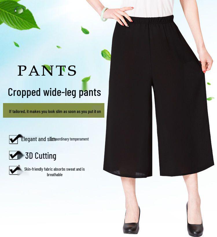 Mom's Summer Wide-Leg Ice Silk Pants for Middle-Aged and Elderly Women: High-Waisted, Elastic, Cropped Bell Bottoms for Square Dancing.