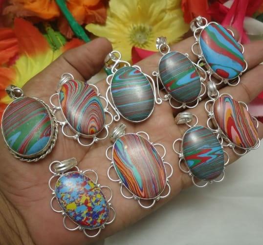 Rainbow Calsilica Gemstone 925 Sterling Silver Plated Handmade 5 PCs Fancy Pendants Jewelry SEN-367