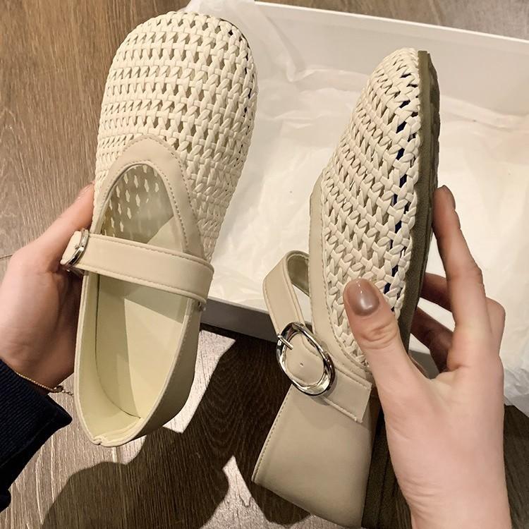 New Mary Jane Women's Shoes with A Single Line Mesh and Hollowed Out Woven Style Sandals