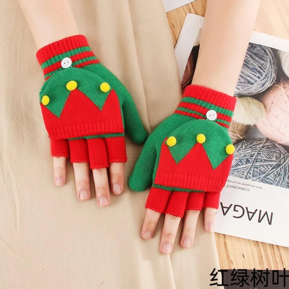 Winter Cute Girls Christmas Gloves Kids Warm Cartoon Gloves Students Fingerless Writing Gloves with Flip Cover 7-13Y