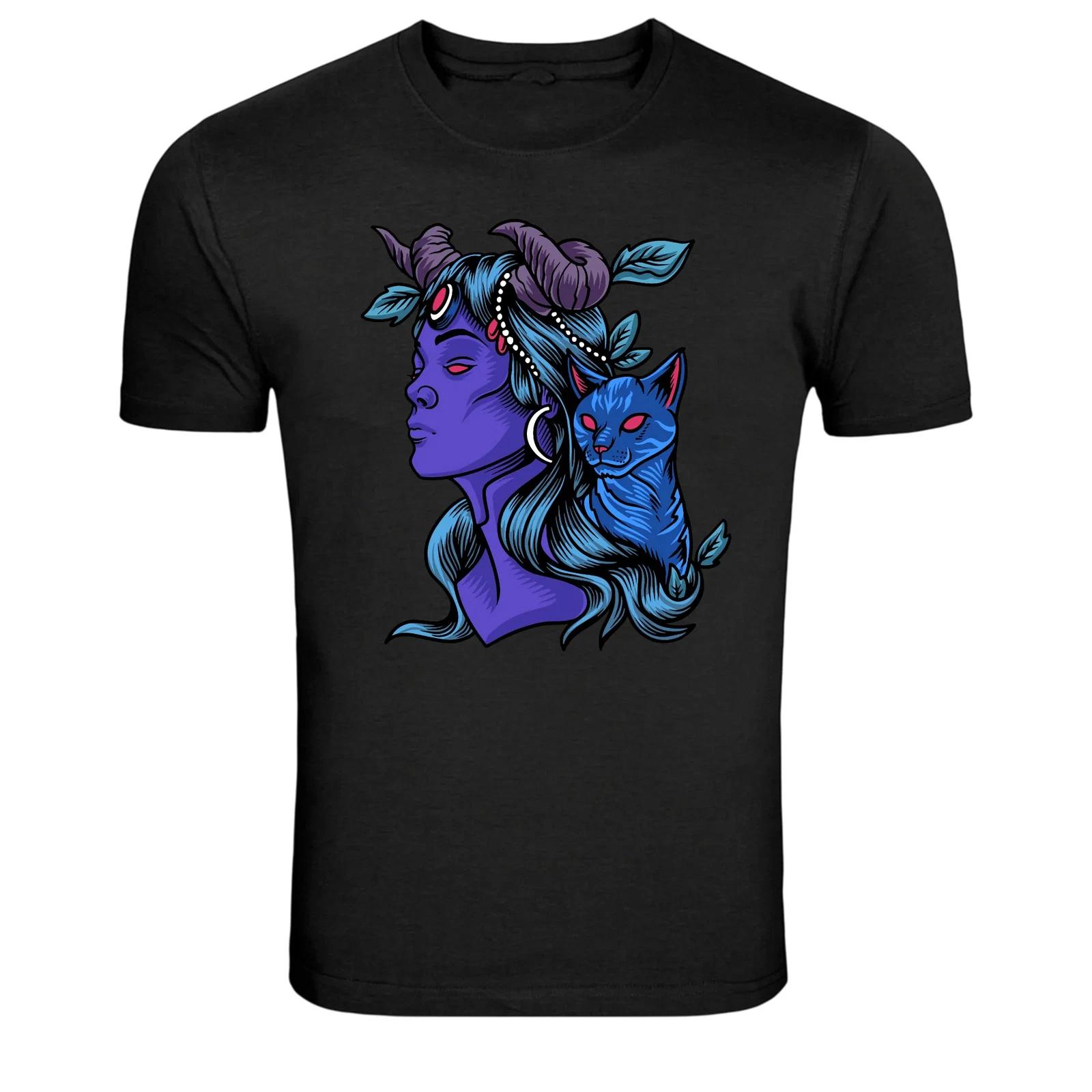 Mystic Demon Woman With Cat Fantasy Graphic T-Shirt 4XL