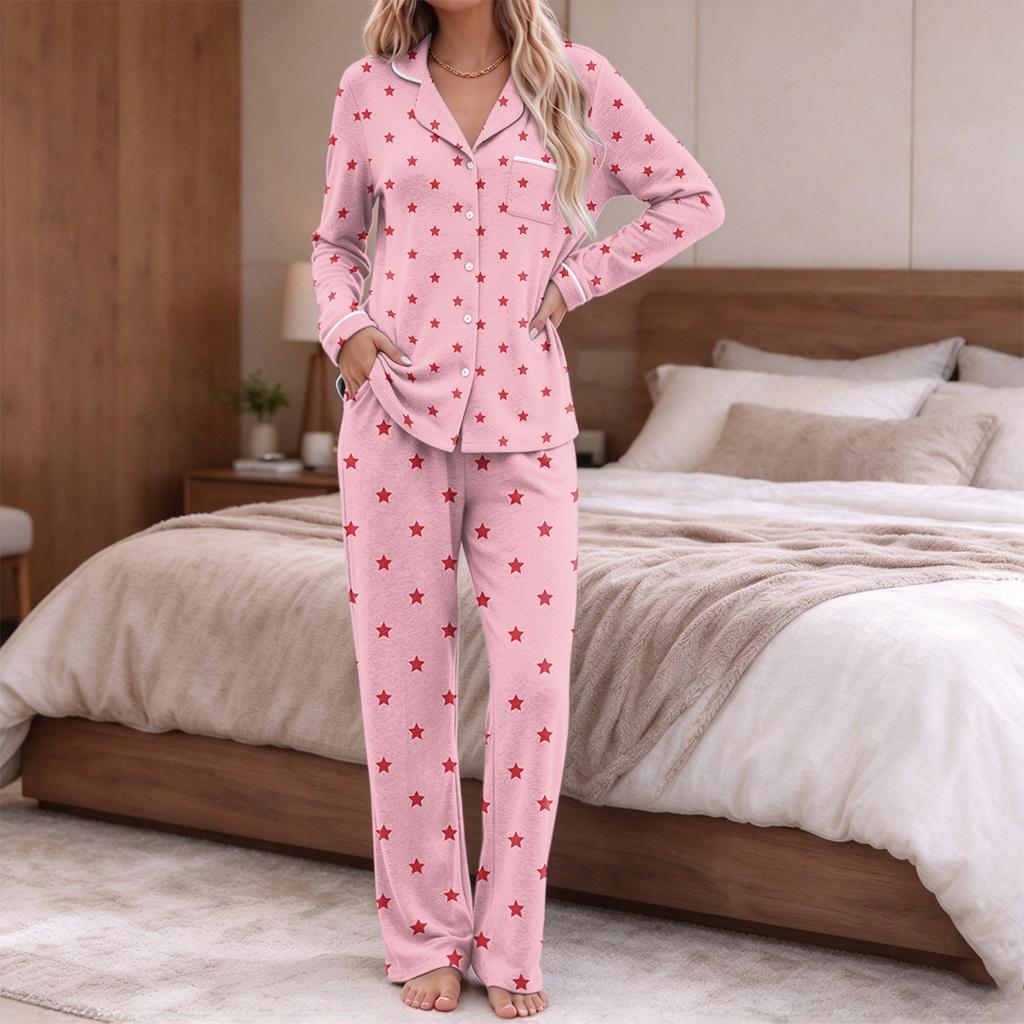 Women's Fashion Print Pajama Set Long Sleeve Button Down Top and Pants with Pockets V-Neck Set