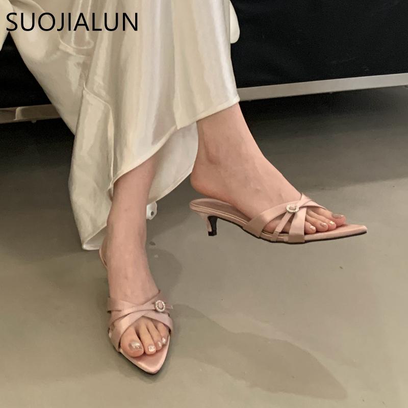 Fashion SUOJIALUN 2025 Summer New Women Slipper Fashion Pointed Toe Open Toe Ladies Elegant Slides Thin Low Heel Outdoor Dress Sandal