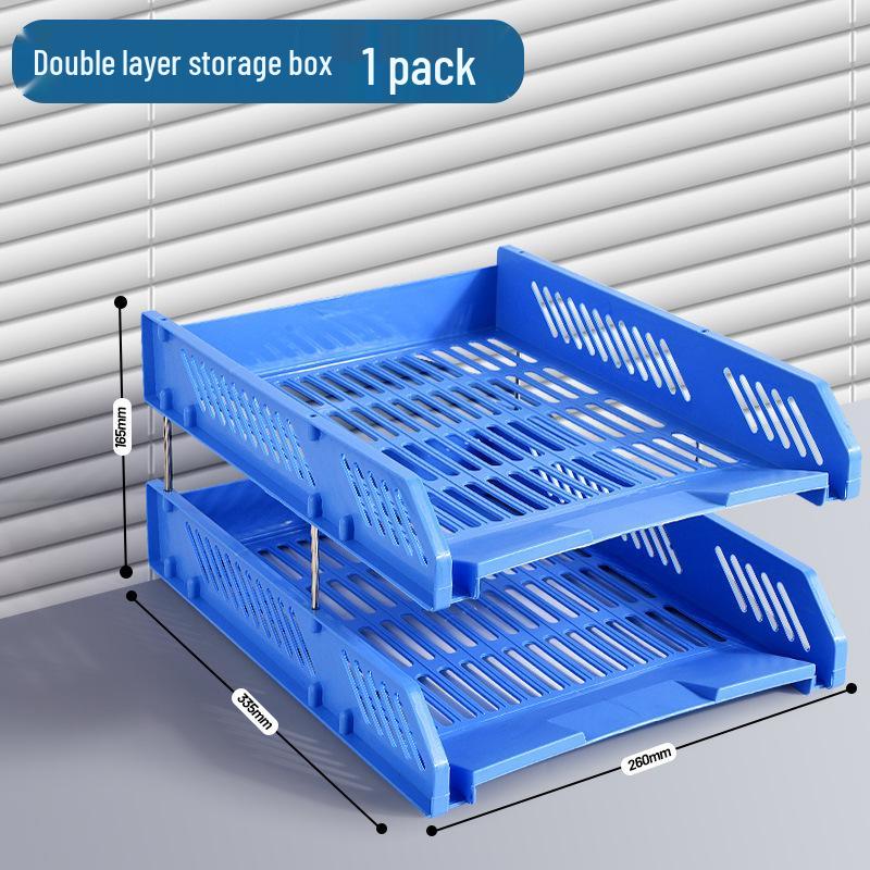 Blue Multi-Layer Desktop File Rack - Office Storage Shelf & Thick Plastic Box