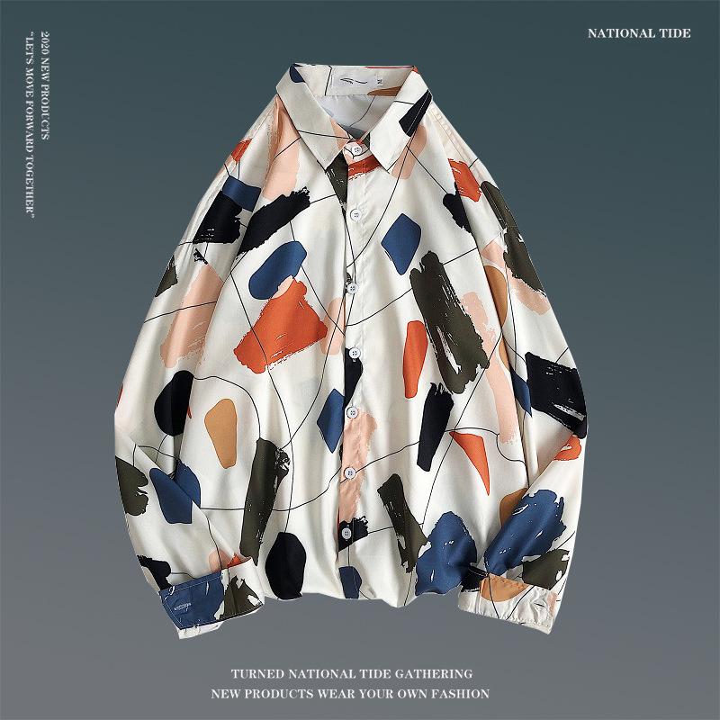 Men's Spring Retro Floral Long Sleeve Shirt - Korean Style, Trendy, Versatile, Loose Fit, Hong Kong Couple Style Top.