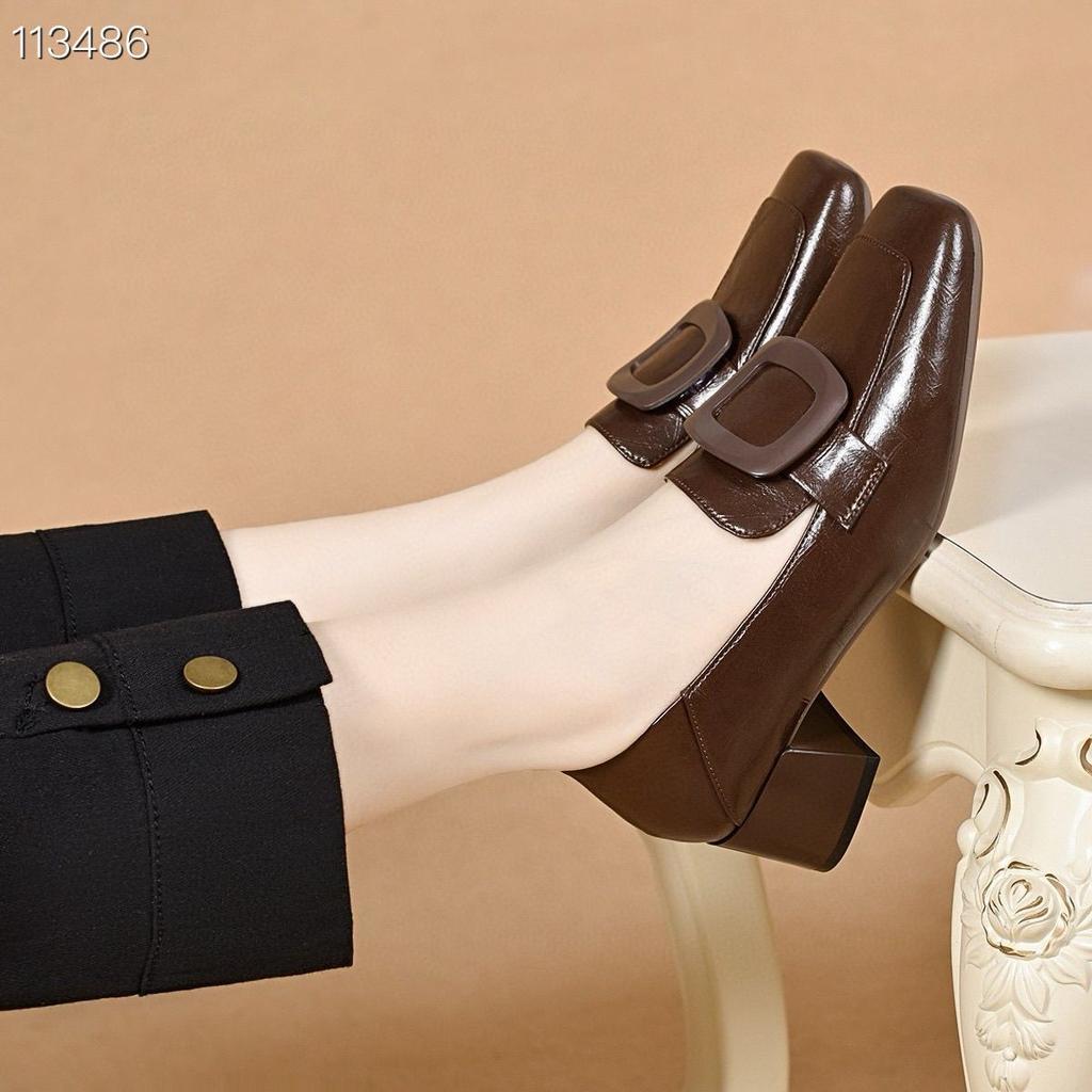 Scarpe da donna in pelle retrò britanniche, nuove, a punta quadrata, a tacco basso, a mocassino, con suola morbida