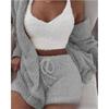 Women's Loose Fit Three Piece Loungewear Long Sleeve Fuzzy Cardigan V Neck Tank Drawstring Waist Shorts Winter Solid Tracksuit