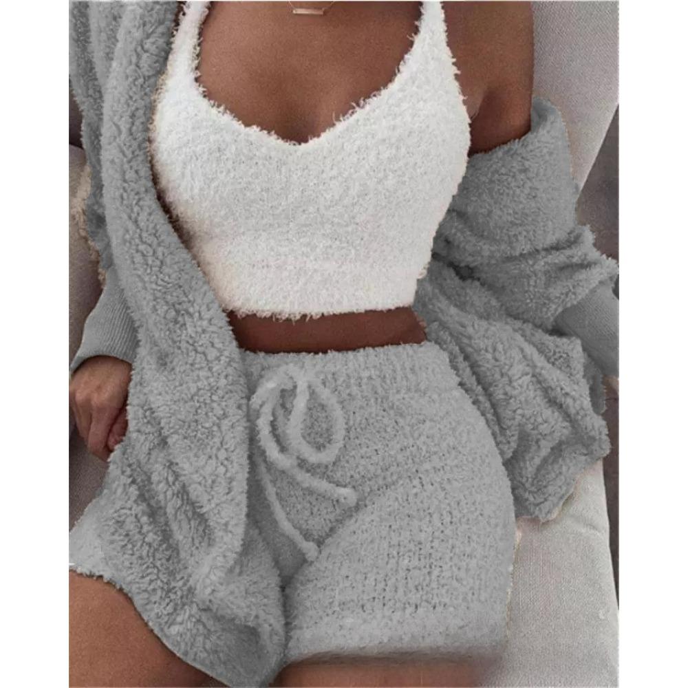 Women's Loose Fit Three Piece Loungewear Long Sleeve Fuzzy Cardigan V Neck Tank Drawstring Waist Shorts Winter Solid Tracksuit