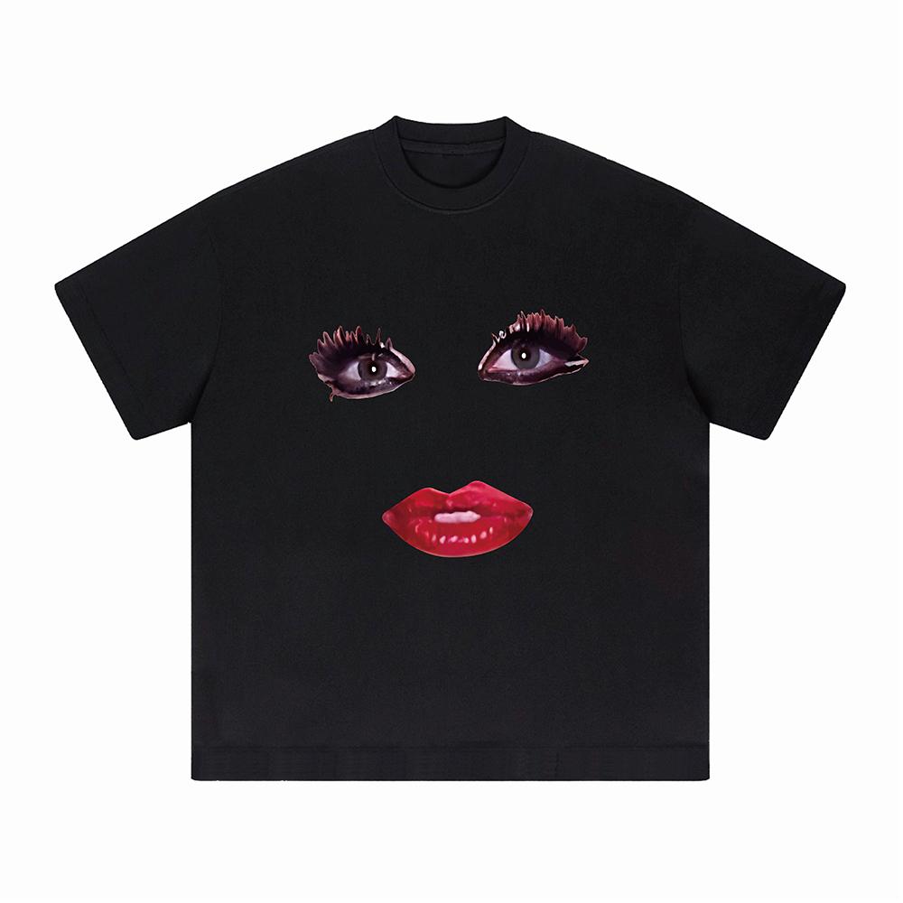 Augen- und Mundausdruck Bedrucktes Baumwoll-Kurzarm-T-Shirt im europäischen und amerikanischen Stil Singen Kreative Jacke Lustiges Meme