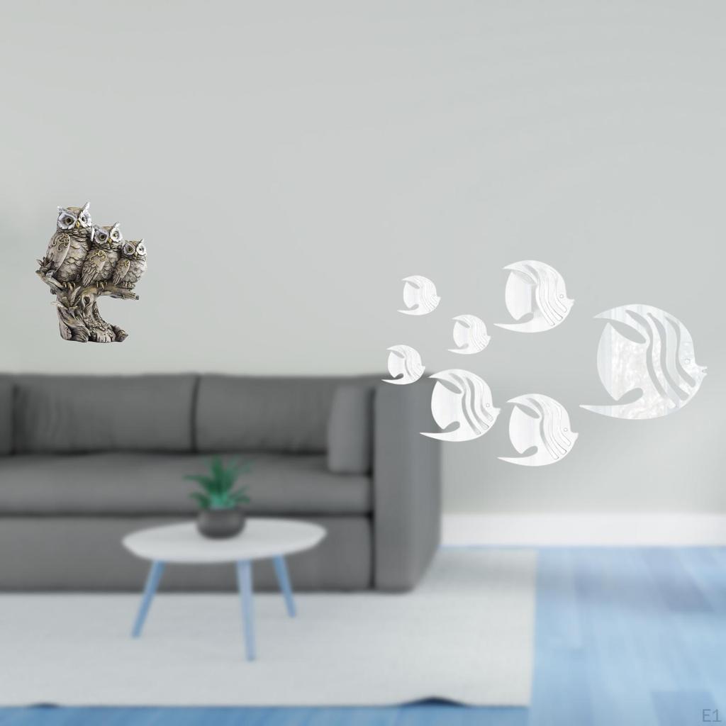 Modern Owl Sculpture Figurines And Acrylic Mirror Fish Wall Decals for Living Room Office Cabinet