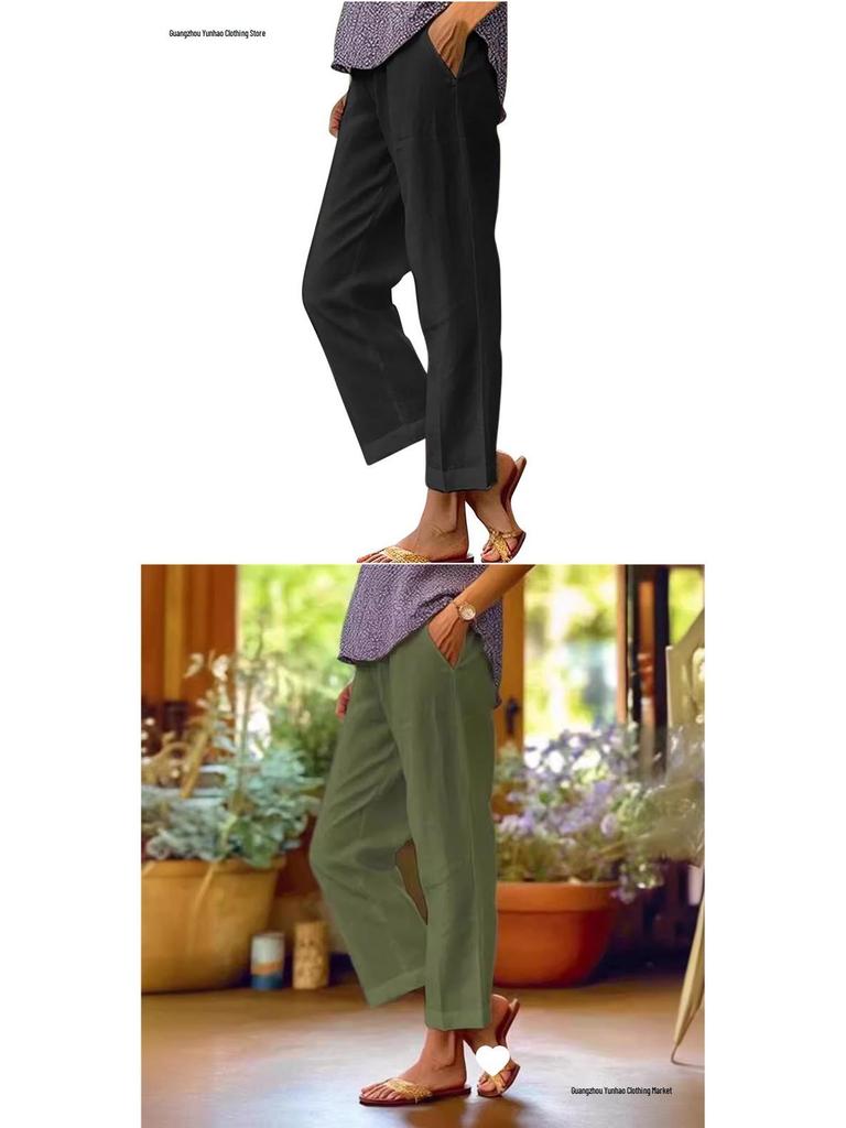 2026 Women's Loose Cotton Linen Elastic Waist Casual Pants with Pockets