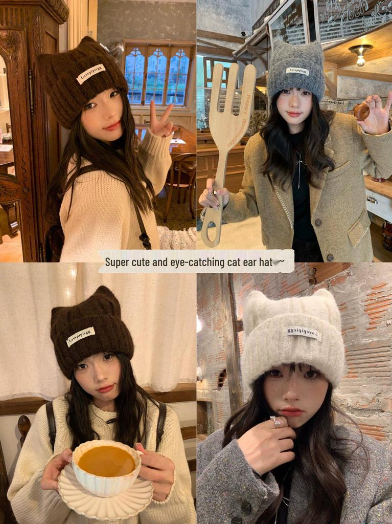 Women's Korean Style Cute Cat Ear Wool Knit Hat - Breathable, Warm, and Windproof for Winter & Autumn