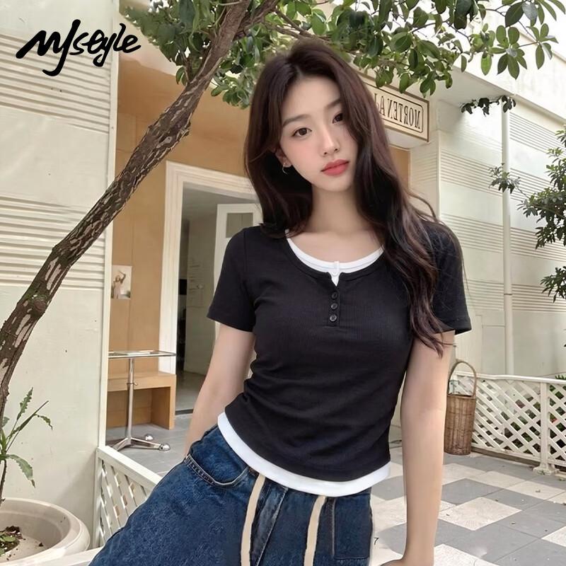 MJ STYLE Faux Two-Piece Short Sleeve T-Shirt XL чёрный