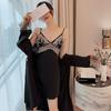 Lace Suspender Nightgown Temptation Summer Simulation Silk Sexy Pajamas Women'S High-End Nightgown With Chest Pad Set