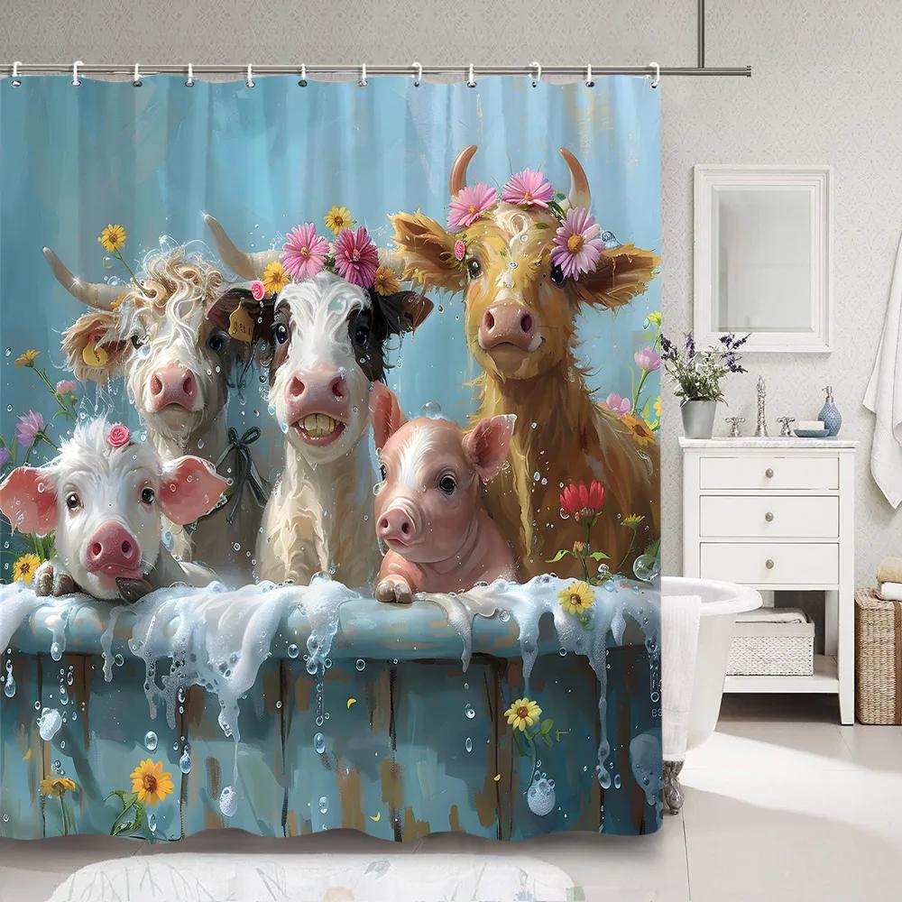 Cute Pig In Bathtub Bath Curtain for Kids Funny Cartoon Animals Rustic Wooden Plank Polyester Fabric Bath Curtain Bathroom Decor