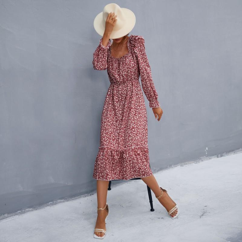 Temperament and Elegance Outer Wear Fashion Spring Women's Long Sleeve Floral Square Neck Dresses