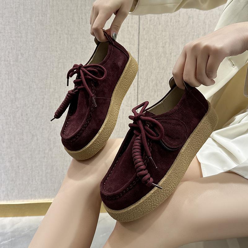 High Quality Suede Leather Loafers Women Round Toe Lace Up Fringe Thick Sole Shoes Casual Comfort Outdoors Flat Walk Shoes Woman