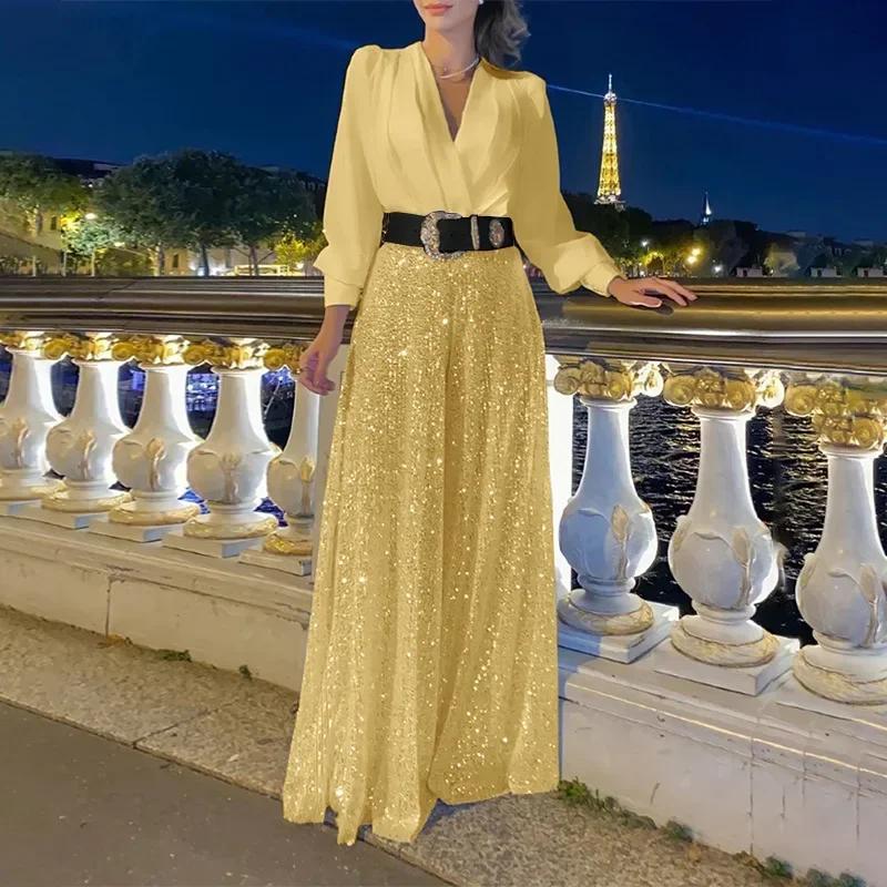 Women's Jumpsuit Fashion V-neck Long Sleeved Shirt with Elegant Temperament Slim Waist and Sequin Wide Leg Pants