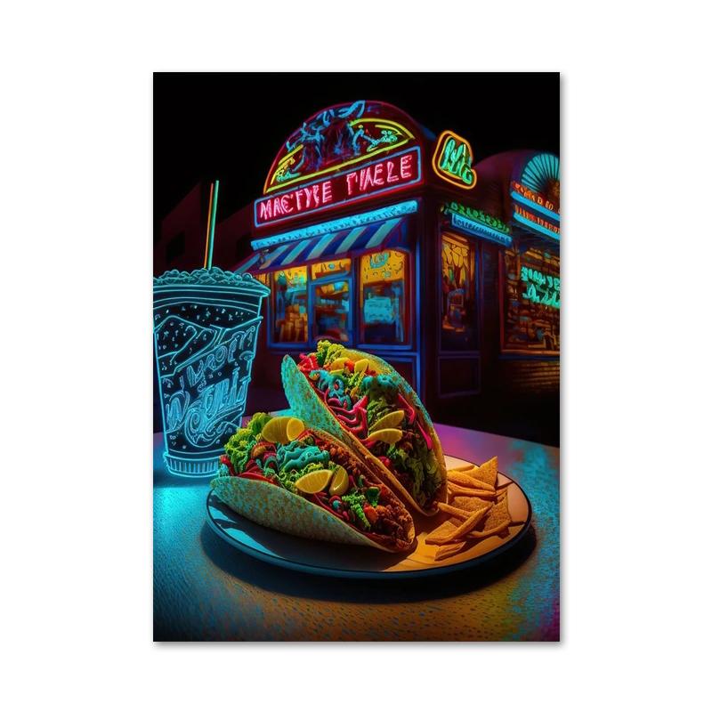 Colored Neon Lights Food and Beverage Posters Prints Hamburger Pizza Fruit Canvas Paintings Wall Art for Kitchen Home Decor