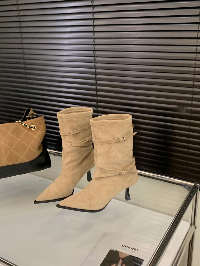 Pointed Suede High Heel Skinny Boots Spring and Autumn Pile Medium Boots with Skirt Small Boots