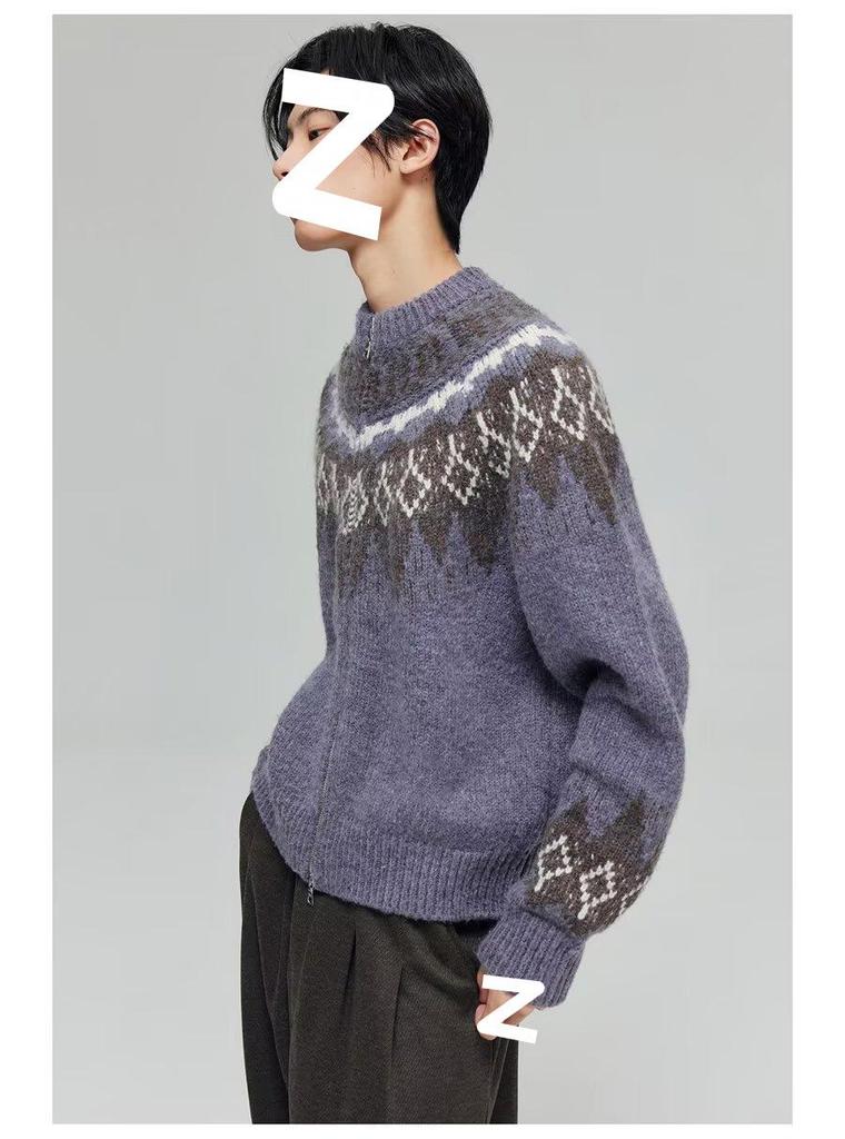 Winter 2025 Fair Isle Jacquard Ethnic-Style Knit Cardigan - Retro Loose Fit for Couples