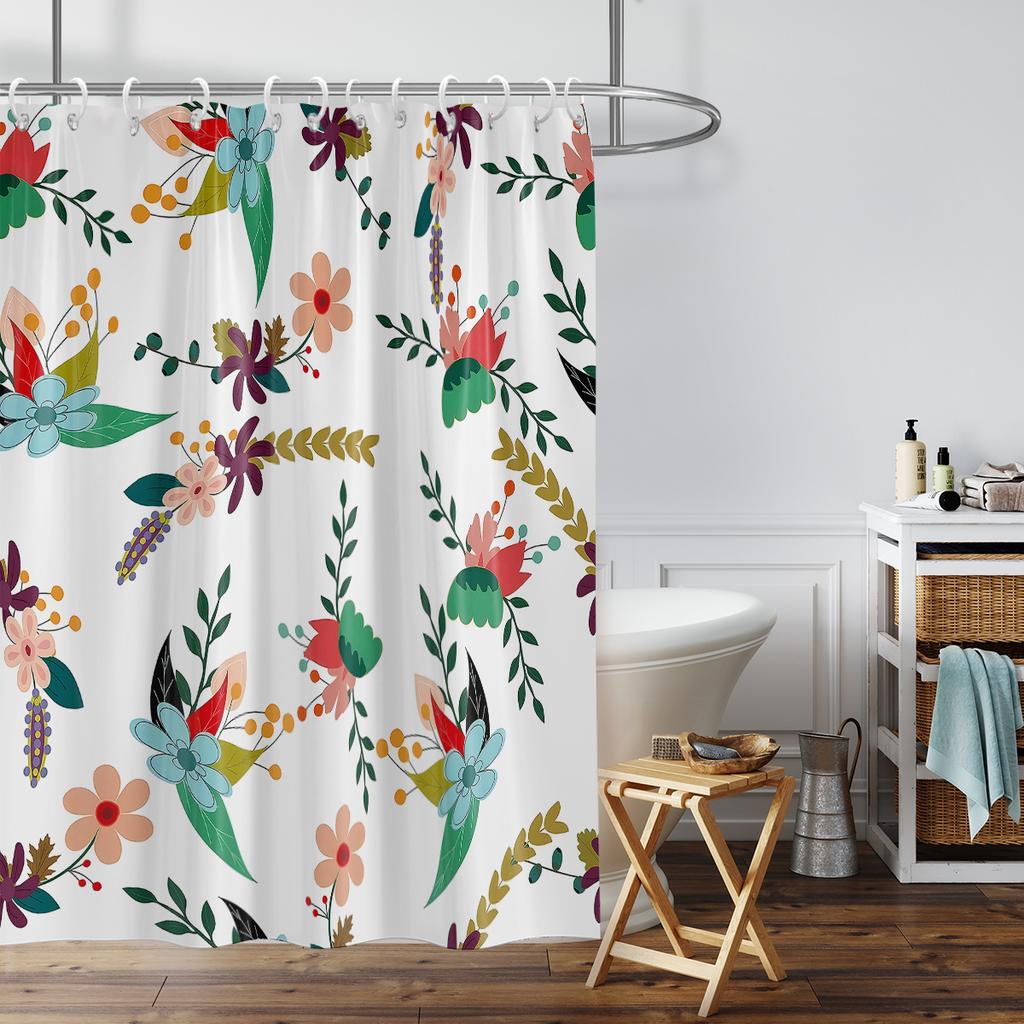 1 Piece of 180x180cm Green Leaf Pink Flower Digital Printing Shower Curtain Partition, Bathroom Waterproof and Mold Resistant