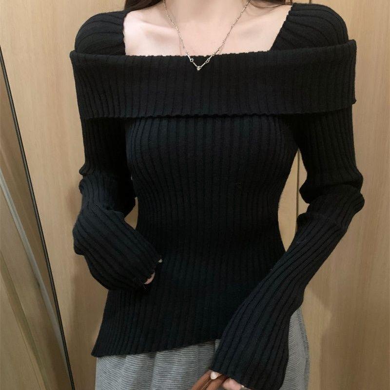 

Женский вязаный свитер с квадратным вырезом, осенне-зимний, тонкий вязаный базовый слой, пуловер с длинными рукавами, нерегулярный вязаный топ S чёрный