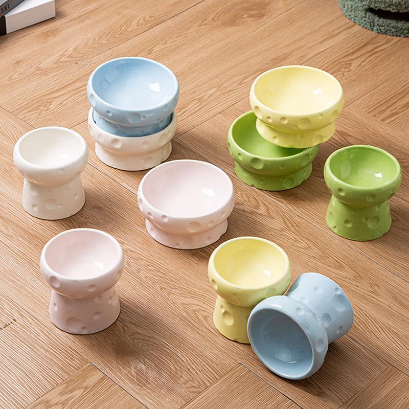 Ceramics Cat Bowl With Cheese Design Cat Food Bowl Water Plate Snack Dish Large Caliber Anti-Tip With Stand For Neck Protection