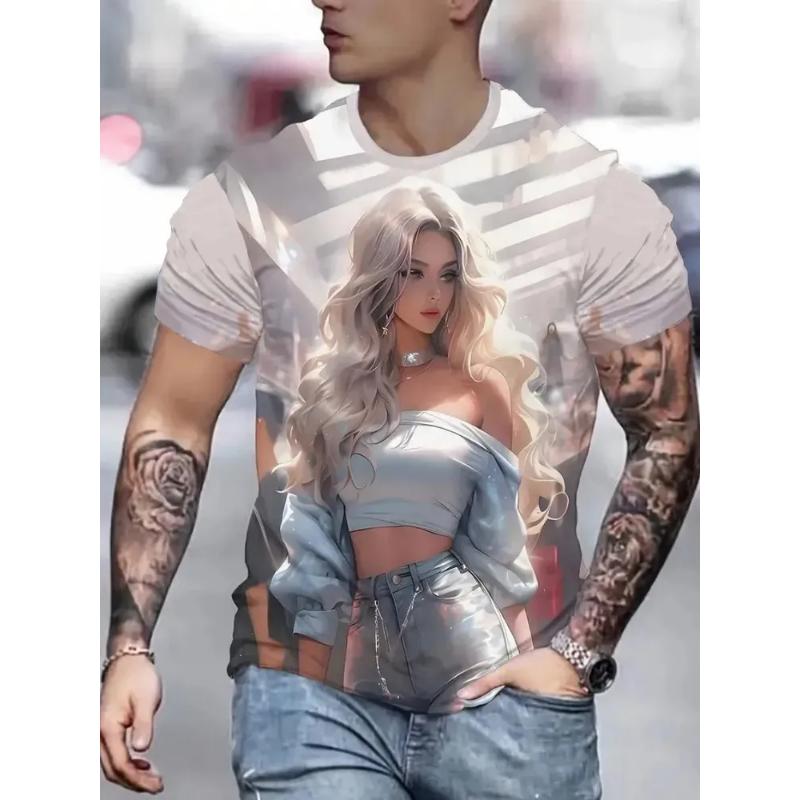 Fashion Men's Crew Neck Short Sleeve 3D Portrait Color Printed Portrait Short Sleeve Crew Neck T-Shirt