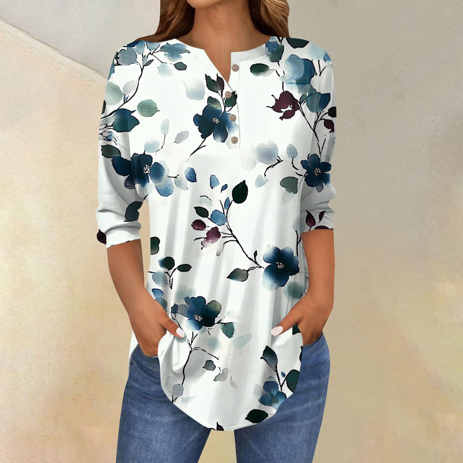 

Женская мода свободный воротник на пуговицах с принтом рукав 3/43/4 футболка топы пуловер XL белый